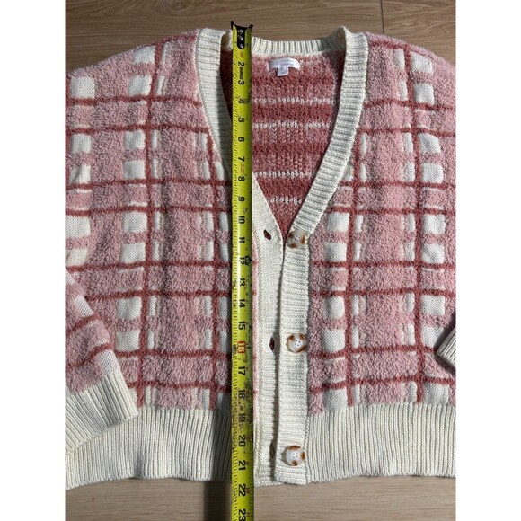 LC Lauren Conrad Women's XL Pink White Fuzzy Knit Button Cardigan Sweater Cozy - Picture 3 of 10